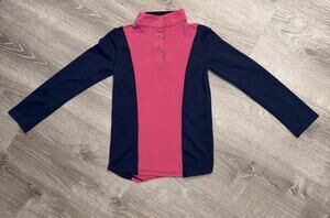 Elliena EQ Youth Riding Shirt Small Long Sleeve Pink Navy Equestrian